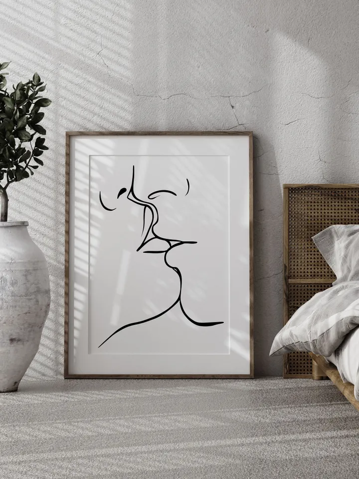 Couple Kiss Print, Kissing Line Drawing, Minimalist Romantic Line, Printable Couple Wall Art, Couple In Love, Happy Valentines Day