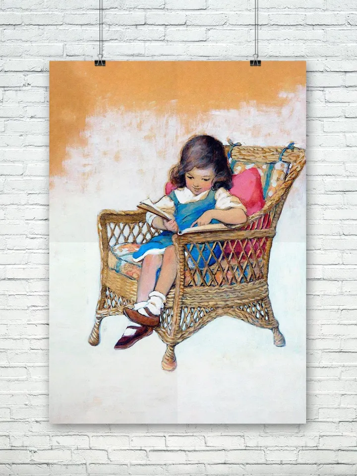 Little Girl Reading A Book. Vintage illustration.