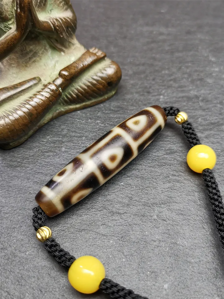 Gandhanra Antique Tibetan 9 Eyes Bodhi Dzi Bead Necklace, 2.13&quot; x 0.51&quot;, 30 Years Old