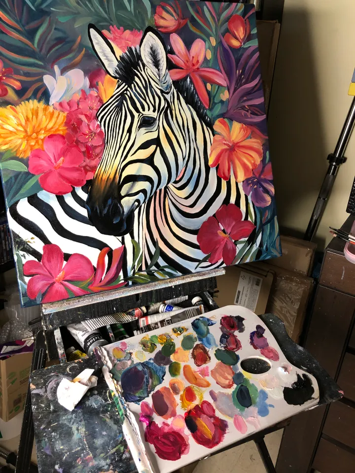 Zebra Painting Animal Original Artwork Floral Oil Art