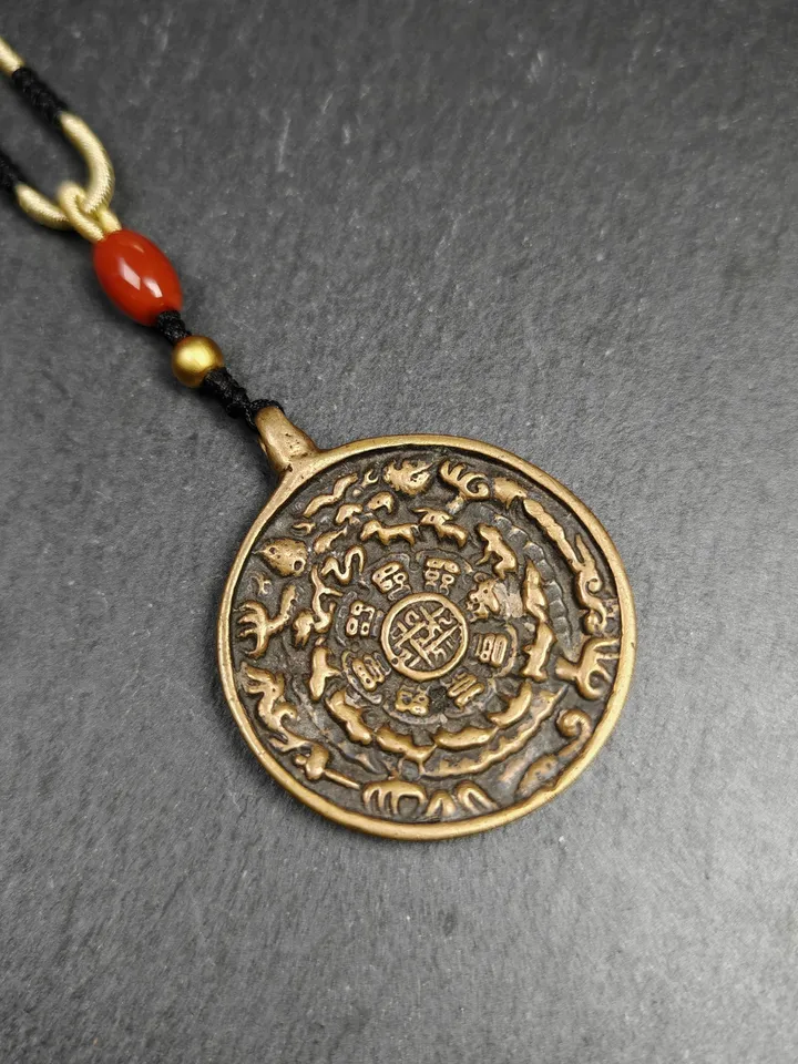 Gandhanra Vintage Tibetan Buddhist Calendar Amulet Sipaho Badge - Lima Brass Melong Mirror Protective Charm Feng Shui Pendant,43mm