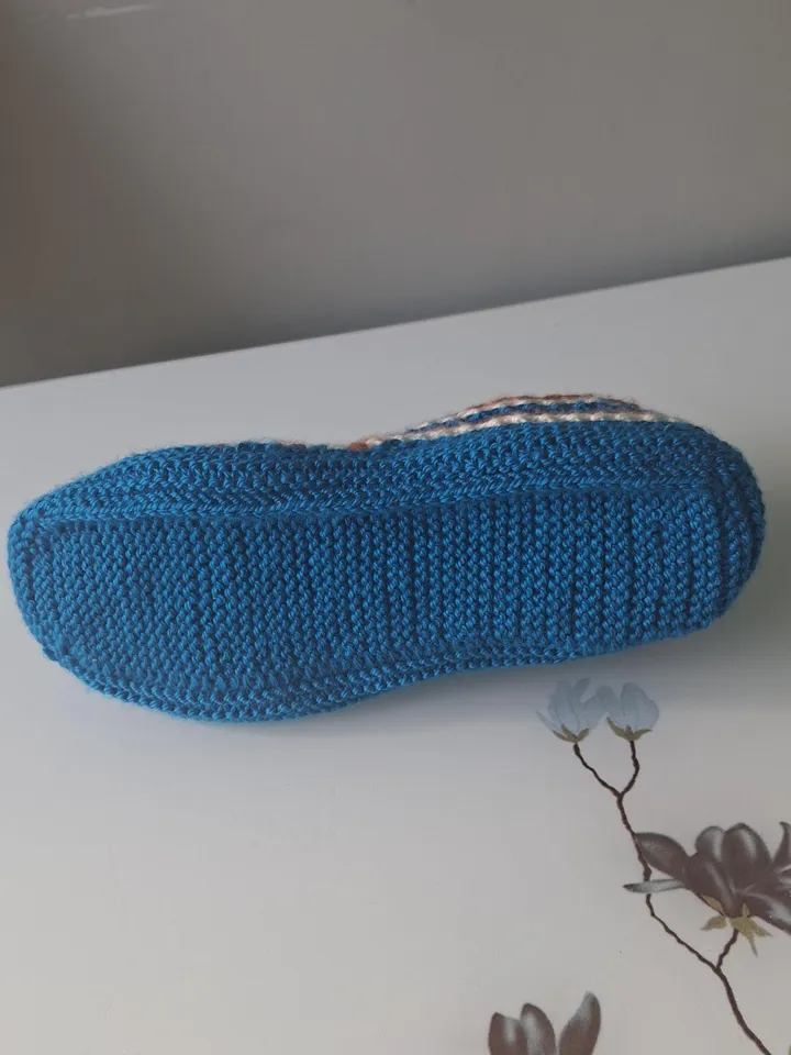 Blue Tan and White Color Wool Slippers - Handmade Cozy House Shoes