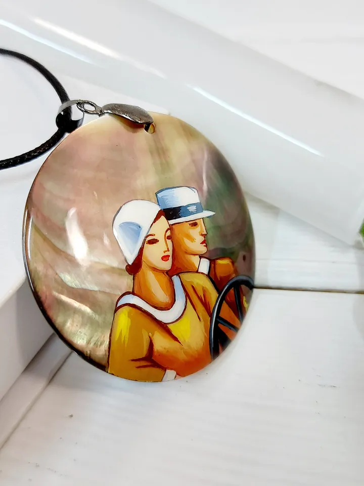 Russian Beautiful Pendant "Travelers" Mother-of-pearl hand-painted Russian jewelry miniature painting Gift for her Fedoskino Hand painted