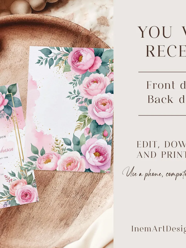 80th Birthday Invitation for Women – Pastel Dusty Pink Floral & Gold, Elegant Printable Party Invite for Women or Mom, Canva Template