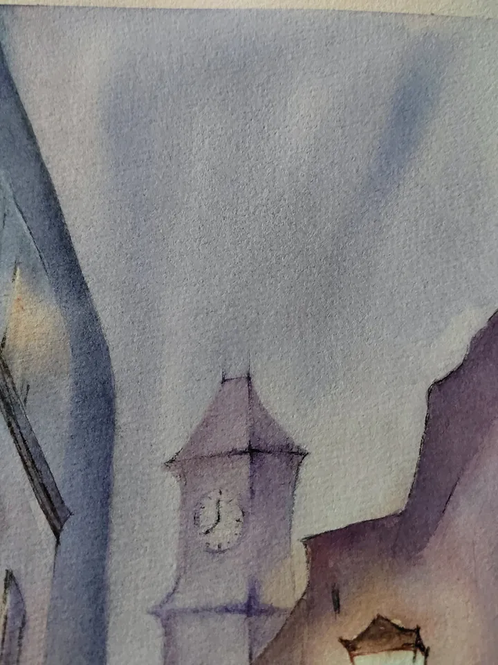 Original Watercolor Painting Urban Landscape Art Rainy Morning Street Artwork 30x40 Old Town Picture by SoftWaves