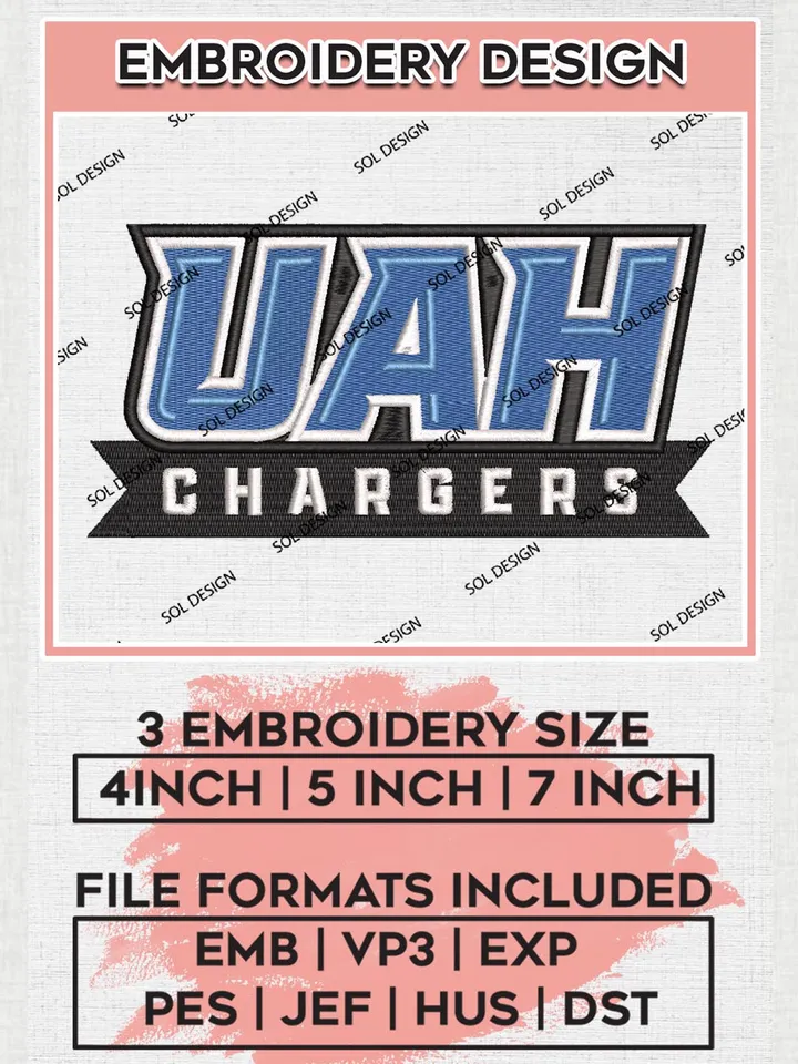 NCAA UAH Chargers Team Word Logo Embroidery Design Files, NCAA Alabama Huntsville Chargers Machine Embroidery, NCAA Teams, 3 sizes, NCAA Machine embroidery designs, Digital Download