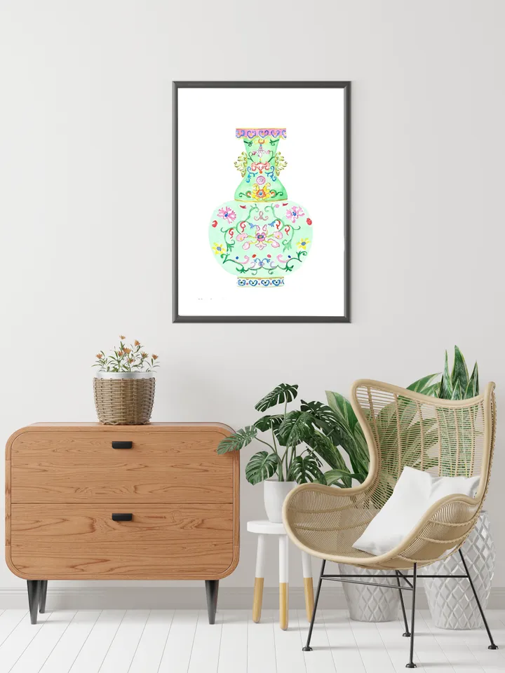 Chinoiserie Green Ginger Jar Watercolor Wall Art Print Chinoiserie Vase Art Vintage Porcelain Vase Arts For Living Room Ginger Jar Decor
