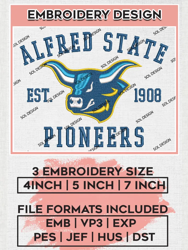 Alfred State Pioneers College Team Est 1908 Logo Embroidery Design Files, NCAA Alfred State Pioneers Machine Embroidery, NCAA Teams, 3 sizes, NCAA Machine embroidery designs, Digital Download
