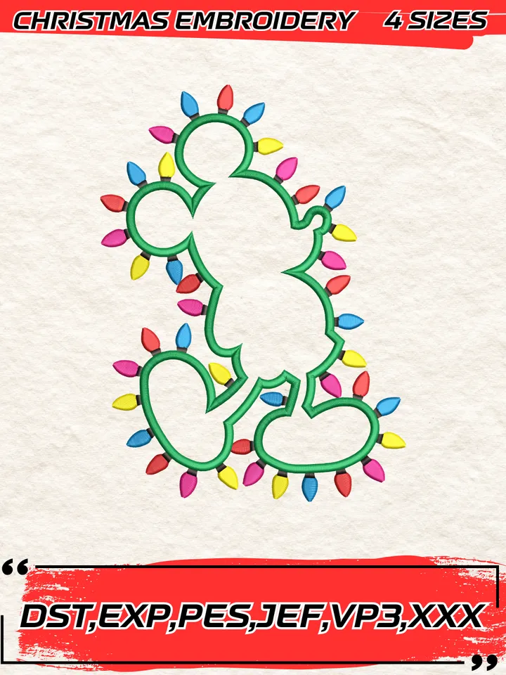 Mickey Christmas Lights Embroidery Design,Christmas Embroidery Design,4 Sizes, Digital Download