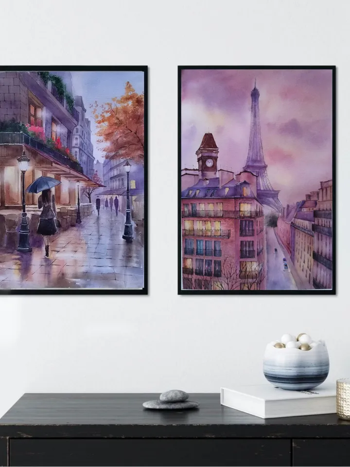 Old Paris Cafe Painting Girl Umbrella Art Cozy Cityscape Artwork Night Street Picture Original Watercolor Painting 11.8x15.7 in by SoftWaves