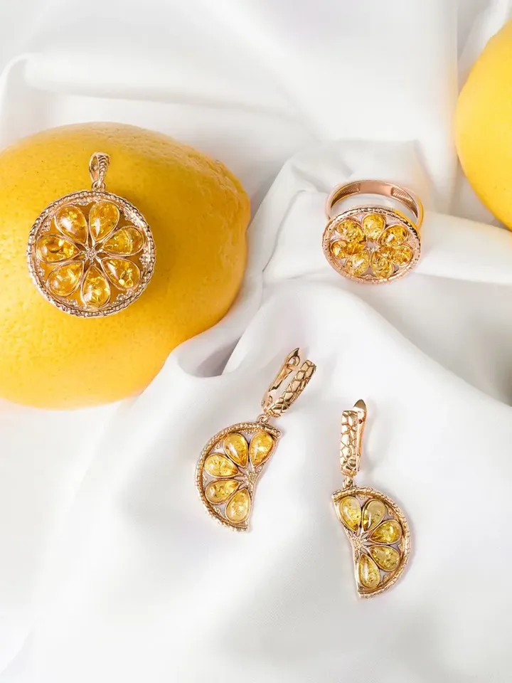 Jewelry earrings Lemons with natural lemon amber made of 925 silver