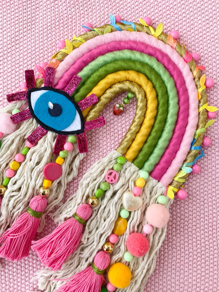 Macrame rainbow wall hanging, Funny birthday gift, Above bed decor, Evil eye charm, Strawberry aesthetic, Boho home decor