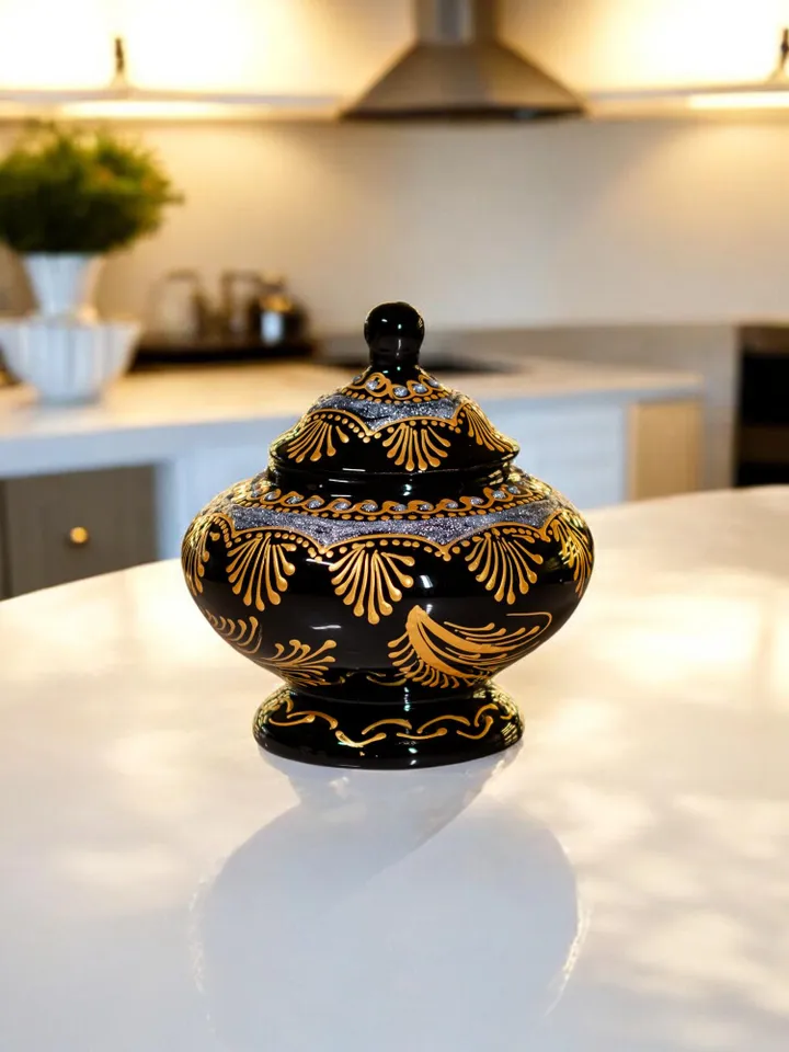 Hand-Painted Gold Accent Sugar Bowl with Lid