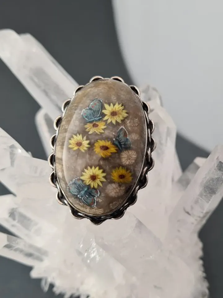 Daisies and blue moths ring Coral stone ring Stone painting