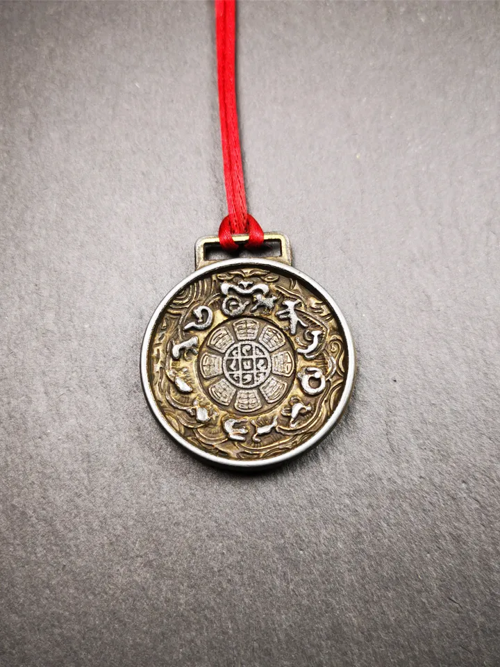 Gandhanra Vintage Tibetan Buddhist Amulet,Melong Mirror, SIPAHO(srid pa ho),Jiugong Bagua Badge,made of Copper,Couple Set of 2 Badges