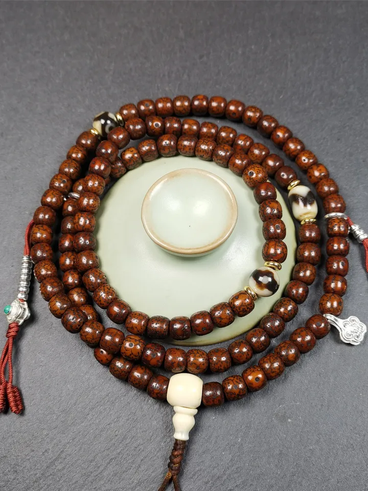 Gandhanra Old 108 Tibetan Lotus Seed Beads Mala,Prayer Beads Necklace for Meditation,Diameter 0.31", Circumference 33"