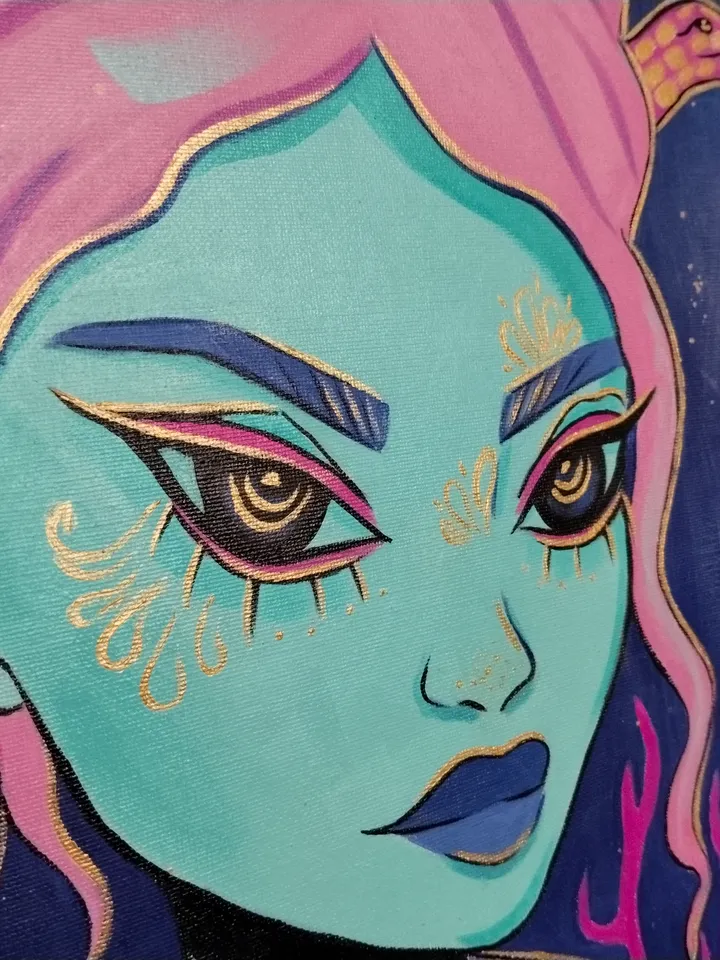Gorgon Fantasy Original Acrylic Painting with Gold Paint