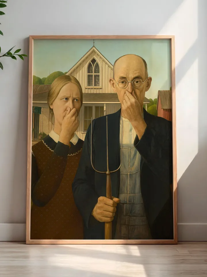 Funny American Gothic Bathroom Art Print Poster Altered Vintage Surreal Eclectic Prank Gift Maximalist Wall Decor Humor Digital Download