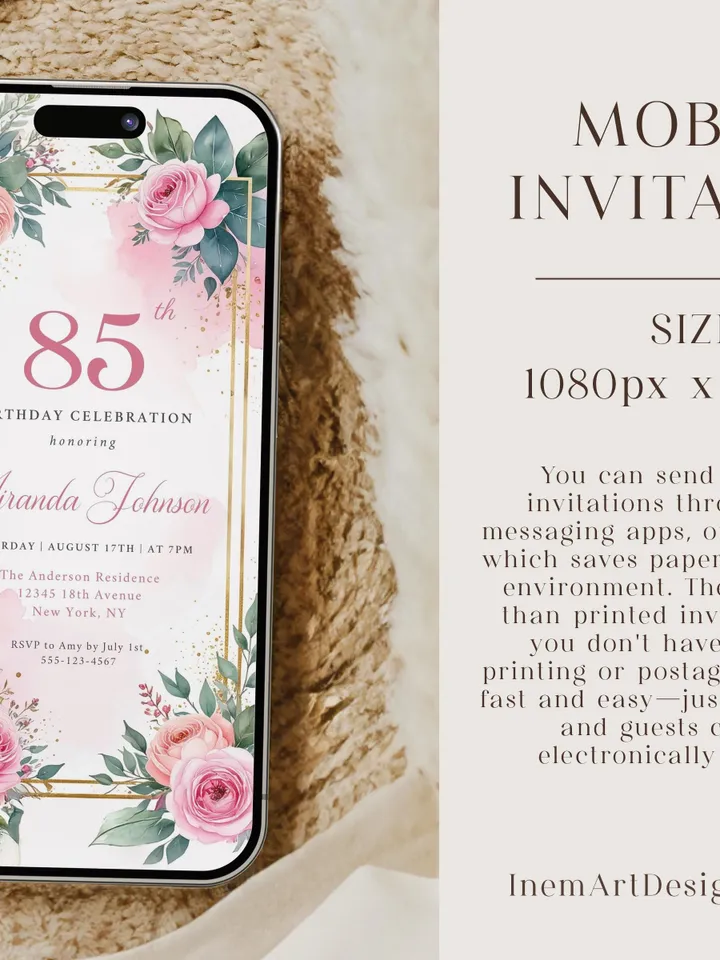 85th Birthday Invitation for Women – Pastel Dusty Pink Floral & Gold, Elegant Printable Party Invite for Grandma or Mom, Canva Template