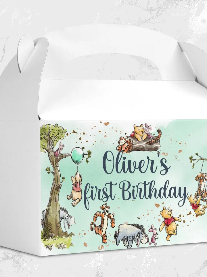 Editable Gable Box Label Hundred Acre Wood First Birthday party gable box label; Winnie the Pooh Party; Classic Pooh Party Birthday ; wp5