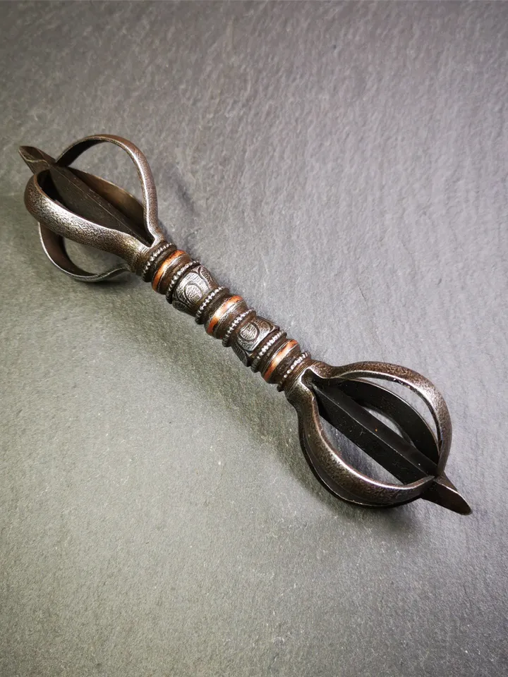 Gandhanra Vintage Five-pronged Vajra Dorje,Tibetan Tantric Buddhism (Vajrayana) Ritual,Altar Tool,Made of Cold Iron,Inlaid Copper