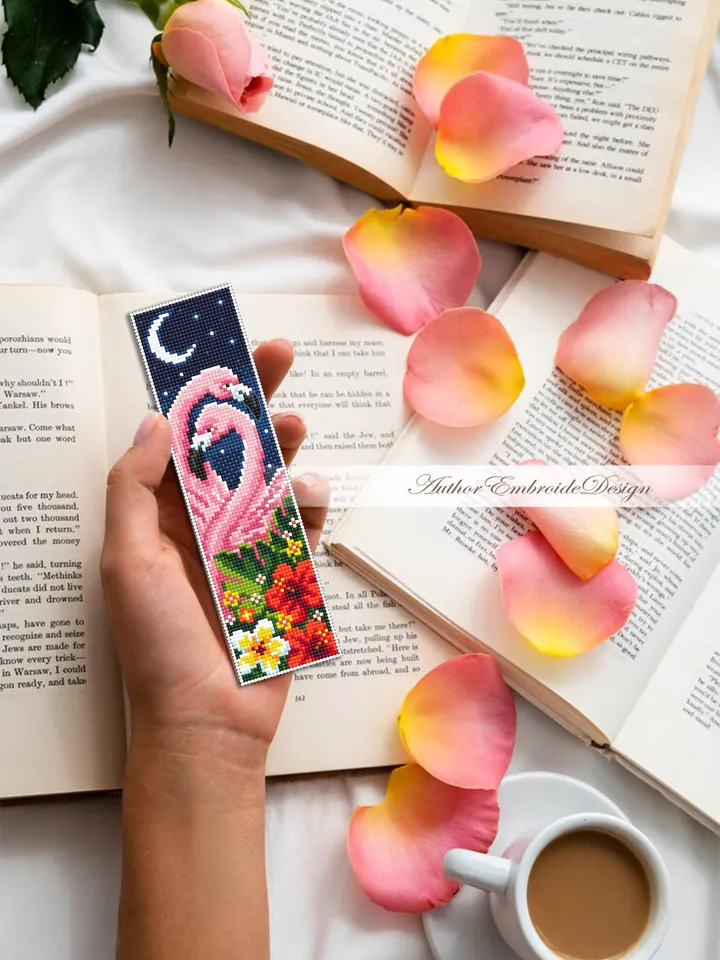 Flamingo bookmark cross stitch pattern PDF instant download Pink flamingo couple cross stitch chart, Bird bookmark pattern digital PDF #B442