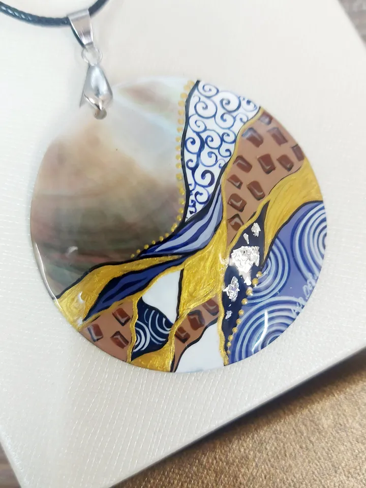 Beautiful Pendant Klimt Mother of Pearl Hand-painted Russian decoration Painting. Jewelry art Art gift Fedoskino Collectible