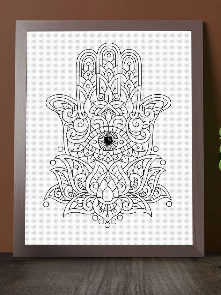 Hamsa hand with lotus flower blackwork pattern PDF Hand of fatima blackwork embroidery download PDF, Backstitch chart Hamsa charm #W27