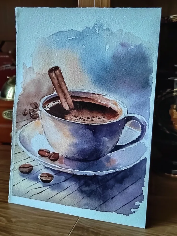 Coffee Cup Painting Original Watercolor Art 5.9x8.29 in by Art Café