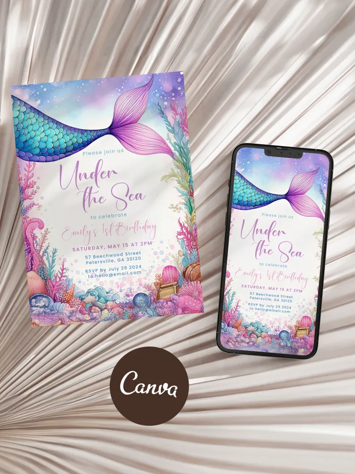 Editable Under the Sea Purple Teal Little Mermaid Birthday Invitation Birthday Invite Invites Printable Canva Template Instant Download