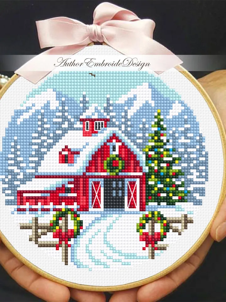 Christmas farm barn cross stitch pattern PDF download Winter mountain landscape cross stitch, Christmas pattern digital PDF, Red house #N171