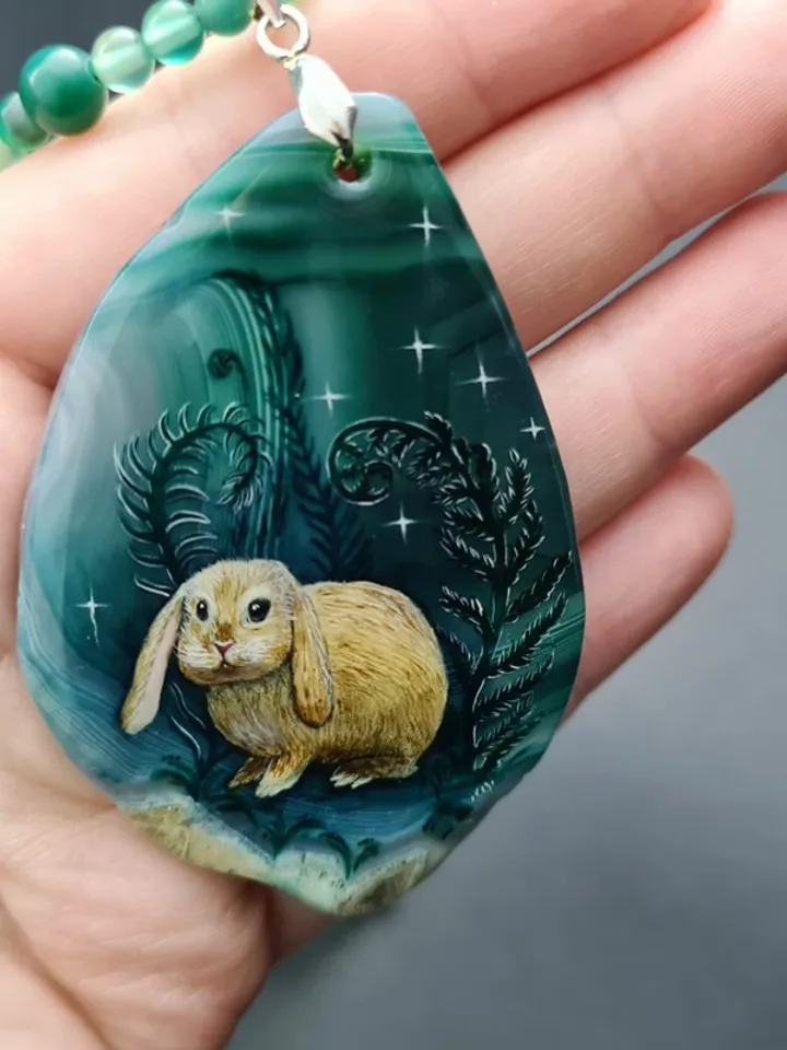 Necklace with rabbit or hare in ferns Oil painting on Agate stone