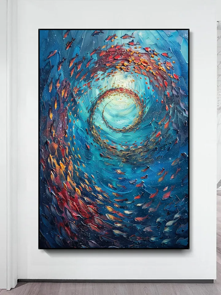Original School of Fish Oil Painting On Canvas, Abstract Blue Underwater World Art, Ocean Painting, Custom Painting, Living Room Wall Art