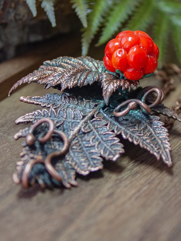Handmade Copper Pendant Glass Cloudberry Beads, Natural Jewelry, Electroforming, Metal Real Fern Leaf, Great Gift for Her
