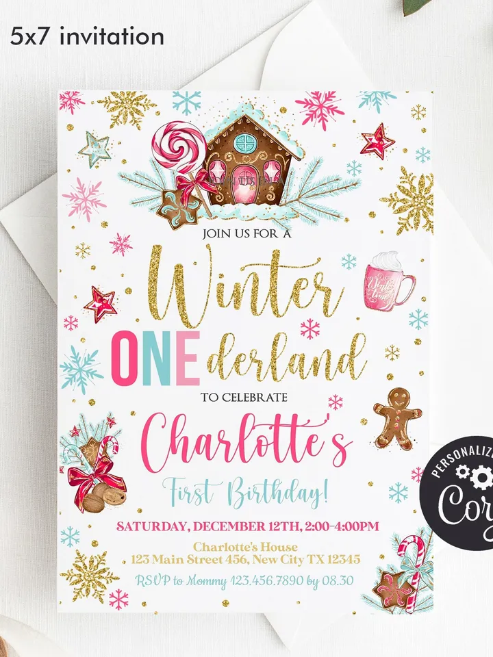 Winter Onederland Invitation Girl 1st Birthday Invitation, Gingerbread Birthday Winter Wonderland Birthday Invitation, Editable Template