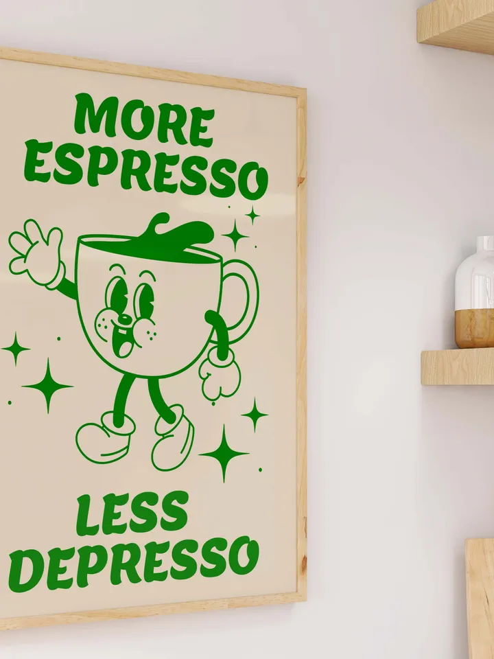 Espresso Digital Wall Art, Coffee Lover Art Print, More Espresso Less Depresso Print, Retro Coffee Quote Print, Trendy coffee poster