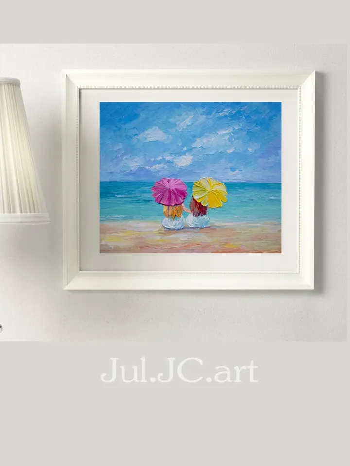 Two Girls Painting Original art Two Sisters Painting Seascape artwork Beach painting Coastal art 10 by 12 inch