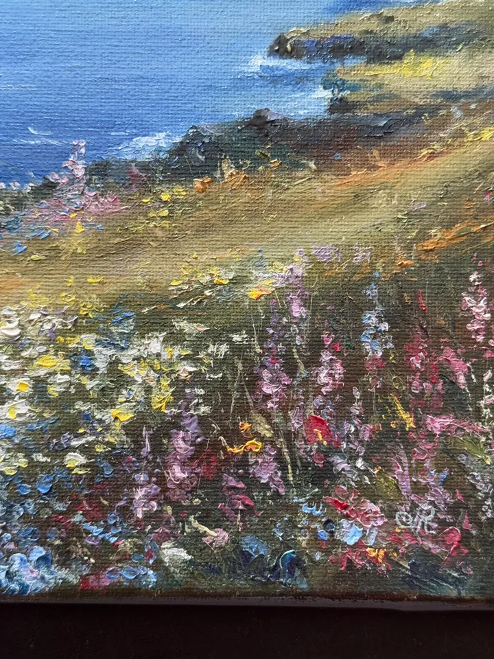 Original Oil Seascape Painting Beach Oil Painting Wildflower Artwork