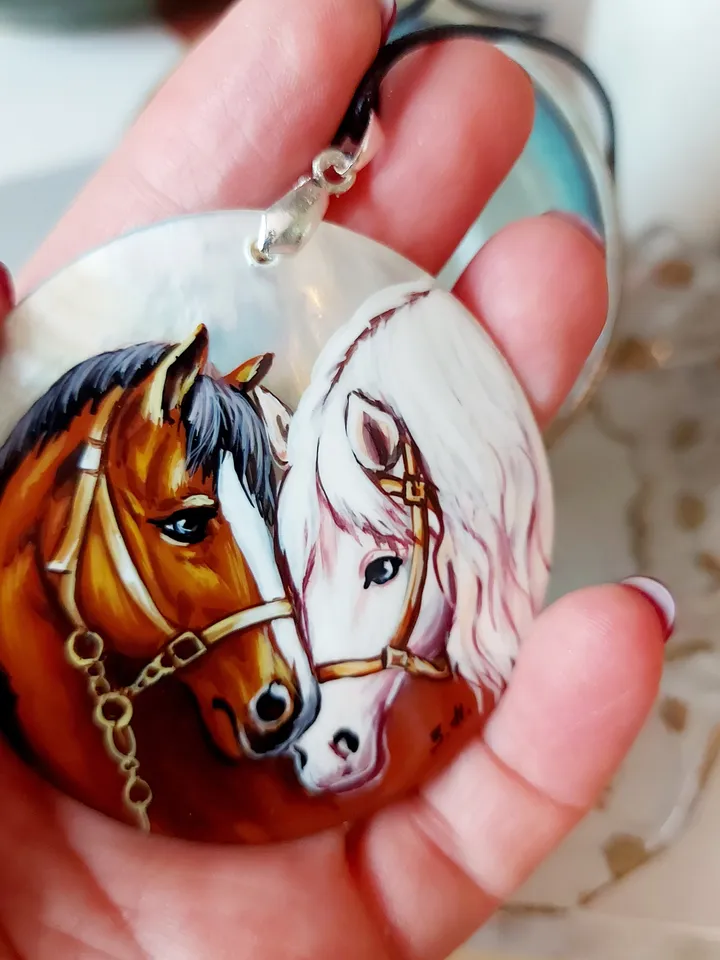 Pearl pendant necklace: Gentle pair of horses in love on handmade jewelry pendant • Dainty gift for nature lover • Elegant pendant for her