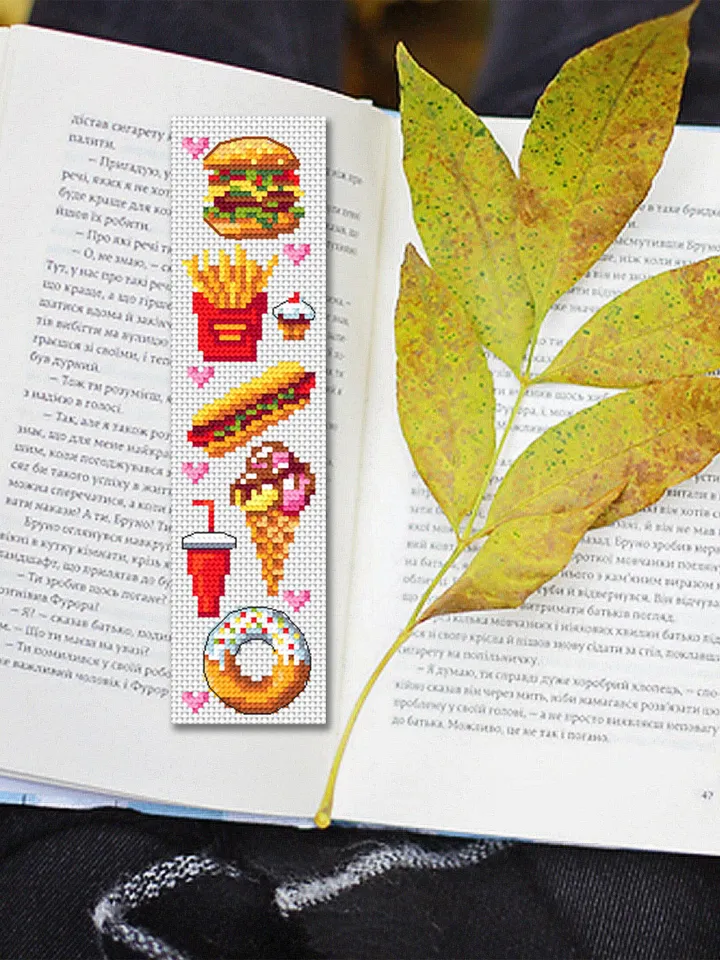 Fast food bookmark cross stitch pattern download PDF Simple handmade bookmark digital PDF, Food cross stitch chart, Small hamburger #B106