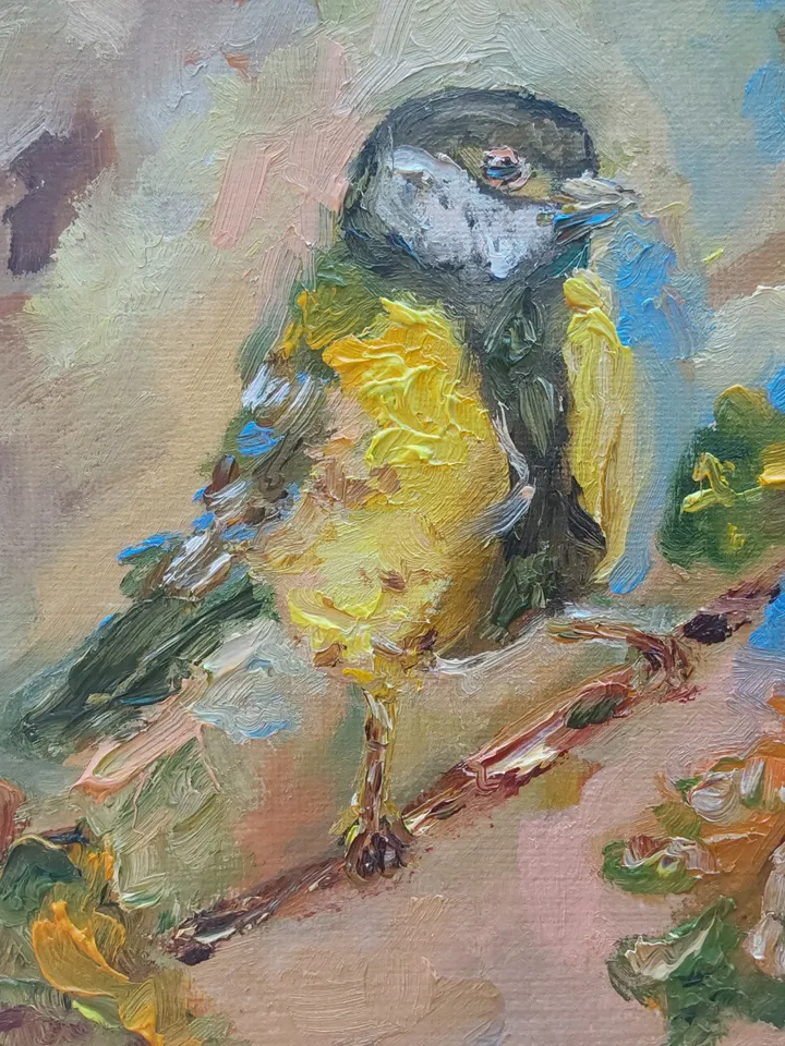 Oil painting on canvas "Birds. Tit". 20x20 cm (8x8 inches)