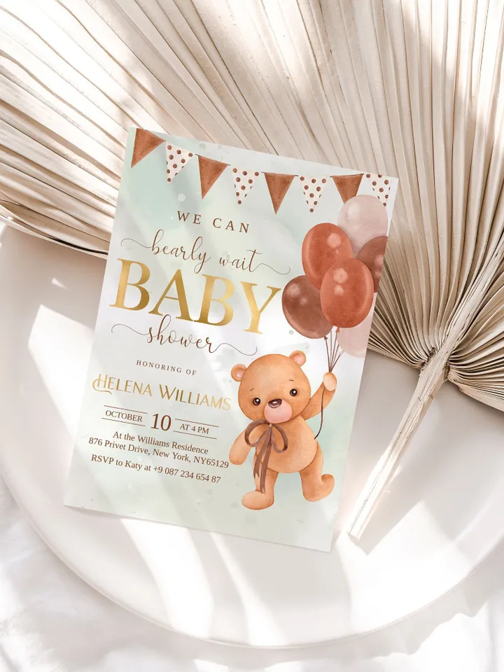 Editable Bearly Wait Baby Shower Invitation Hot Air Ballons Bear Baby Shower Neutral Boho Berly Baby Shower Template
