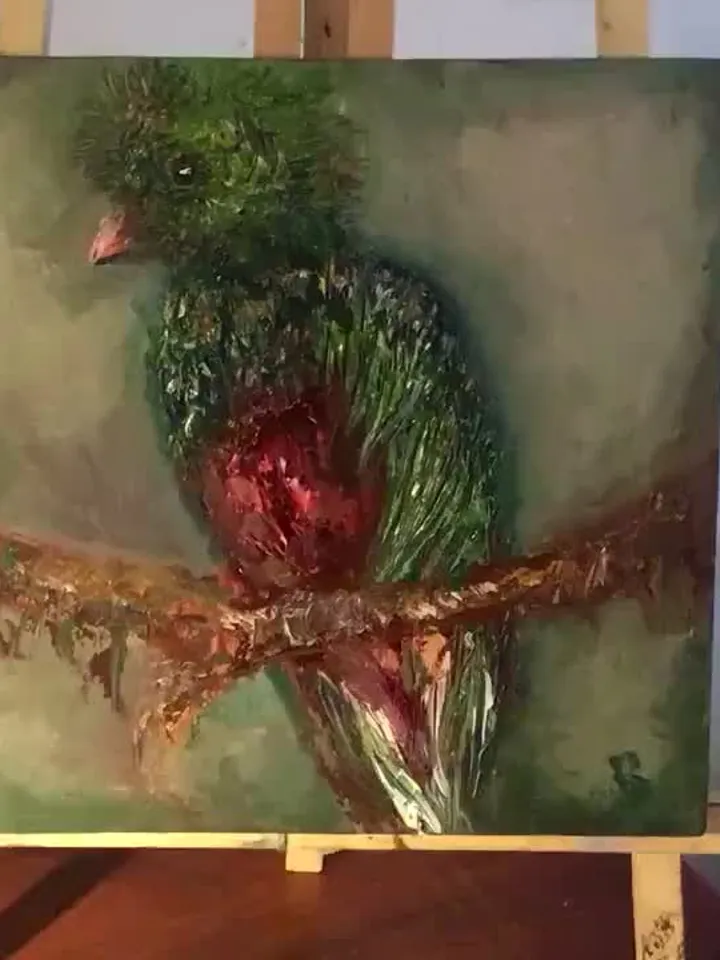 Quetzal bird,original oil impasto style painting on wooden box ,birds painting,exotic birds painting,wall decoration,unique gifts.