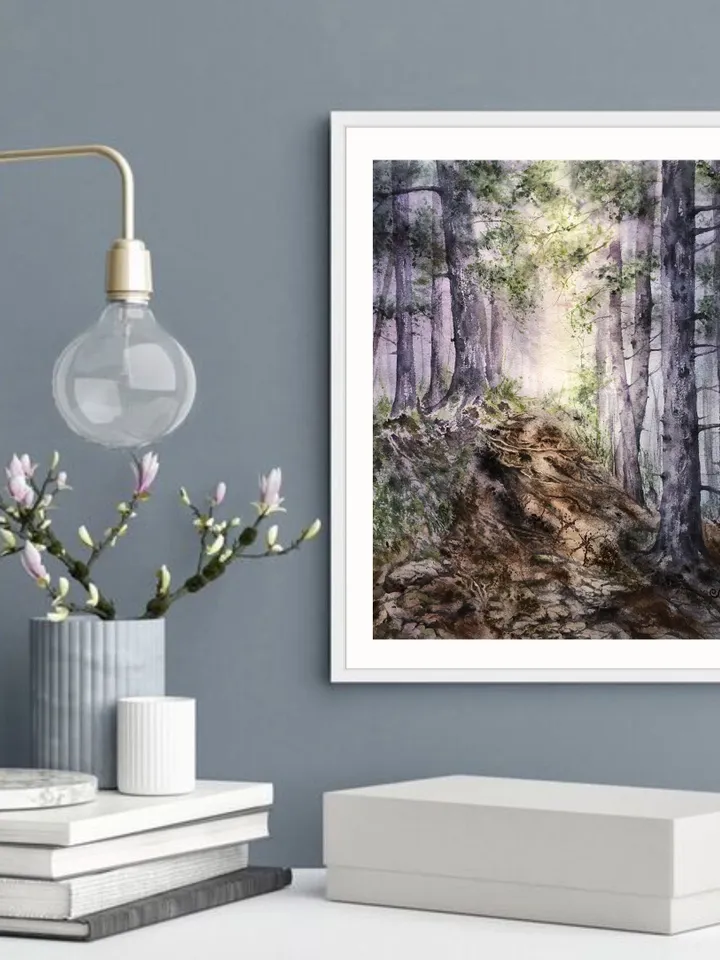 Forest Original Watercolor Painting Sunset Landscape Artwork