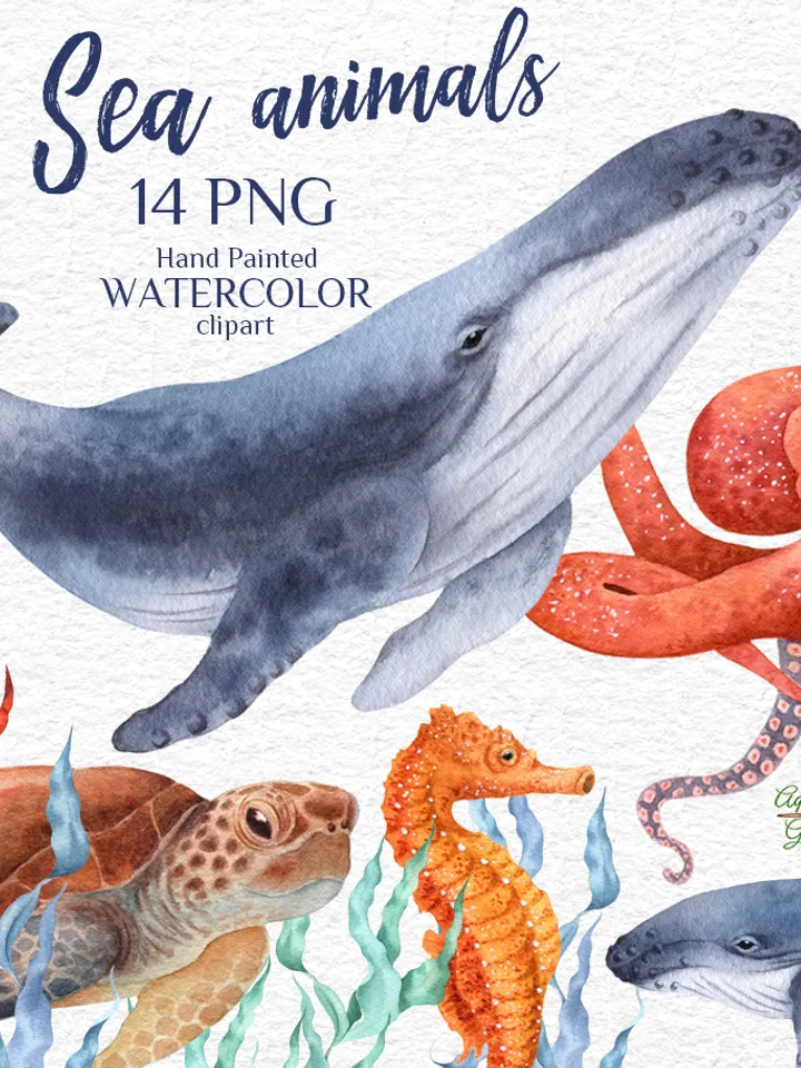 Sea animals. Under the sea. Watercolor hand-painted (not AI!) clipart. Whale, crab, goldfish, seahorse, turtle, octopus, seagrass. Decoration. Printable PNG. Instant download