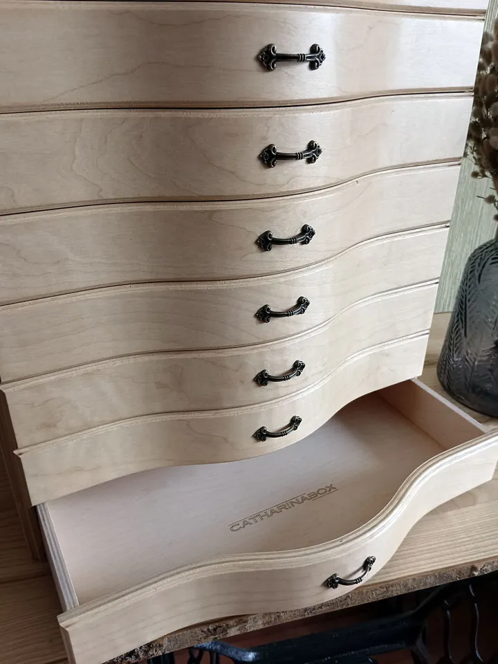 Floss storage cabinet for DMC floss bobbins and skeins, Stitching drawer box with curved faces in vintage style