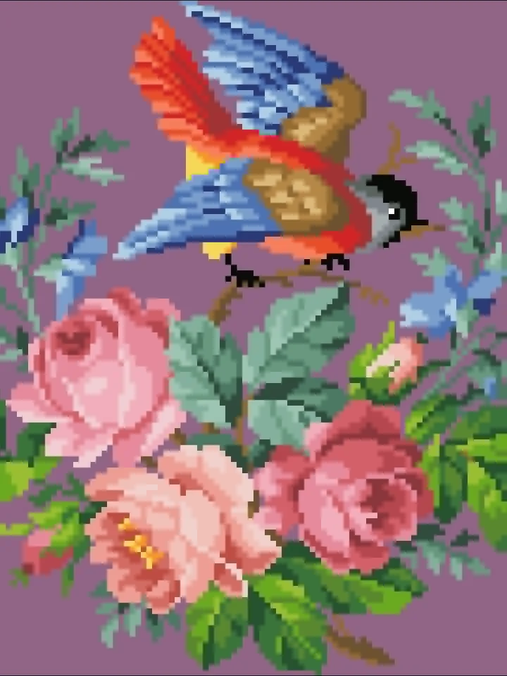 Antique Cross Stitch Pattern Little Bird with Flowers Digital Download PDF