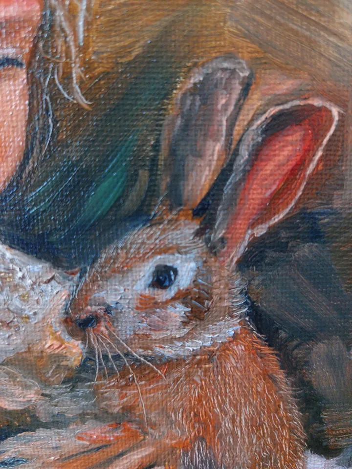 "Oil painting on canvas on cardboard: a girl with a rabbit 8x8 inc"
