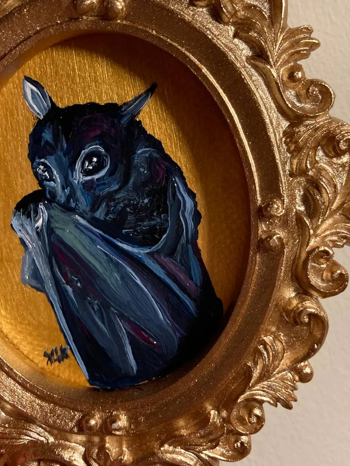 Bat Painting Original Framed Small Oil Painting Gold Frame