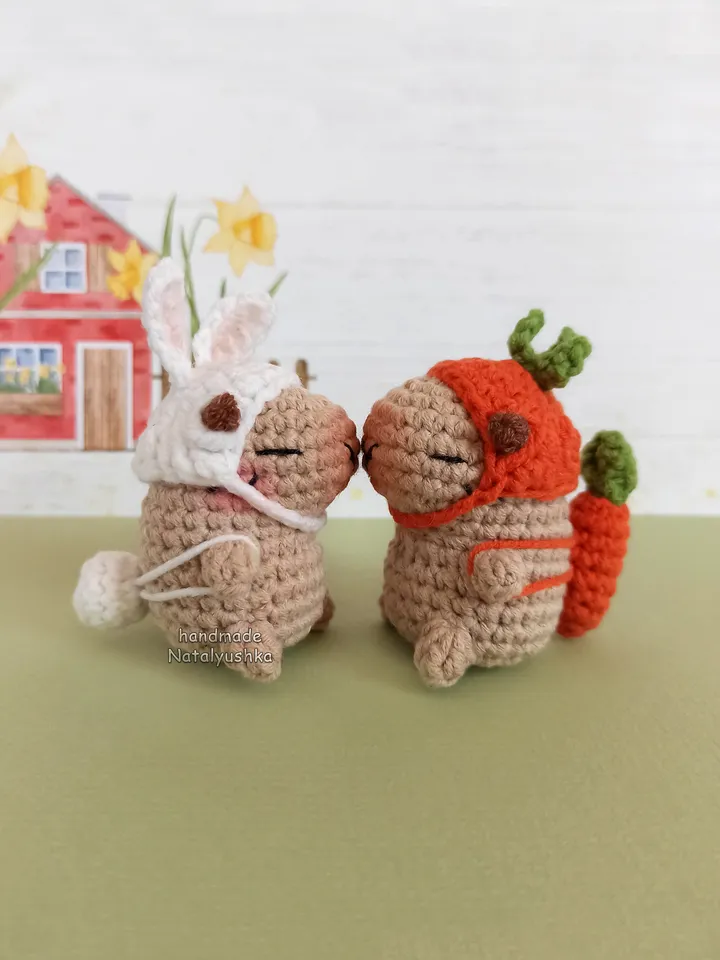 Capybara toy in costume, Capybara Carrot, Capybara Bunny, Crocheted small Capybara, Kawaii.